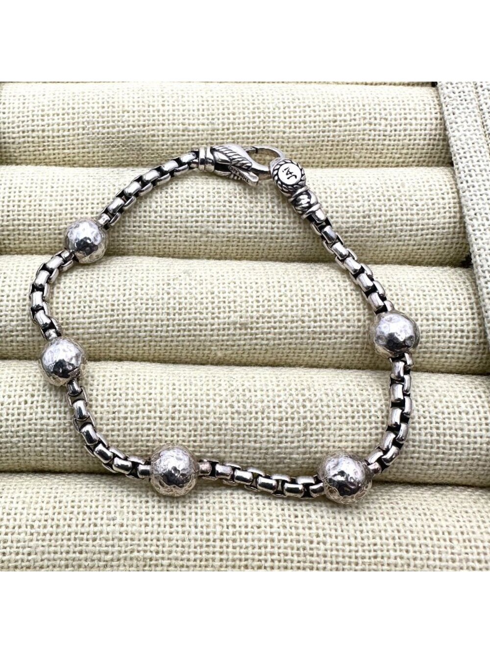 John Hardy JAI Sterling Silver Hammered Bead Box Chain Bracelet 7 Inch